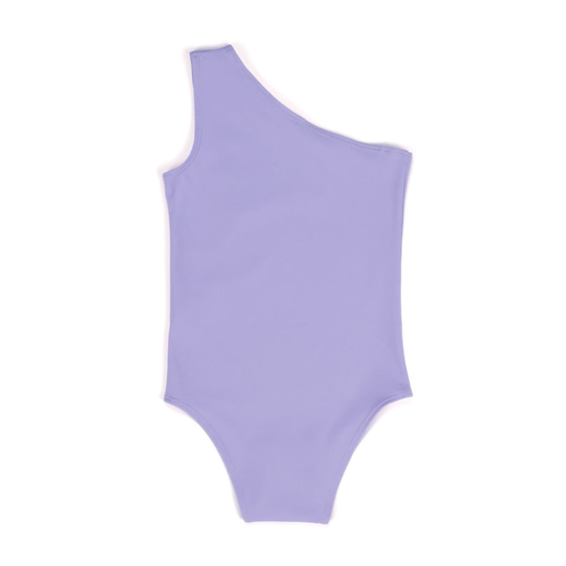 Flat lay of toddler lavender one shoulder bodysuit showing the back design on white background.