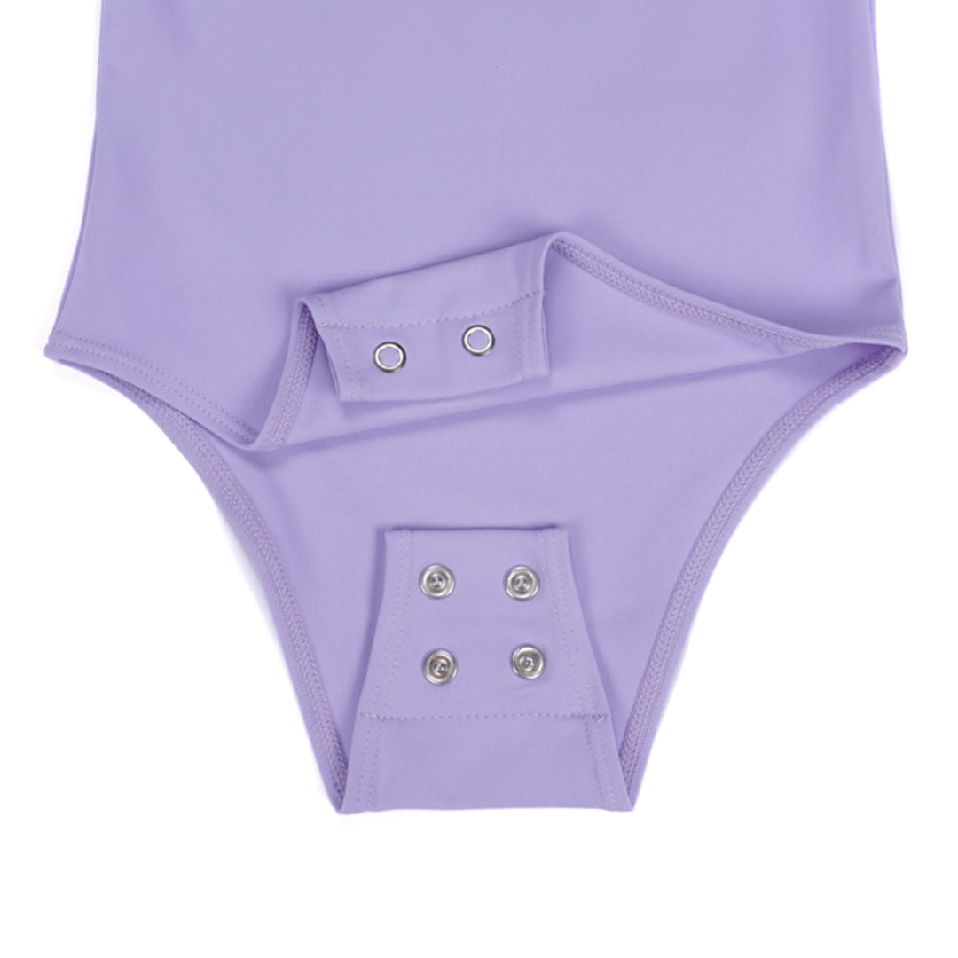 Flat lay of toddler lavender one shoulder bodysuit showing the double-row snaps at the bottom.