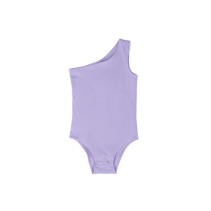Toddler lavender one shoulder bodysuit flat lay, showing the front design on white background.