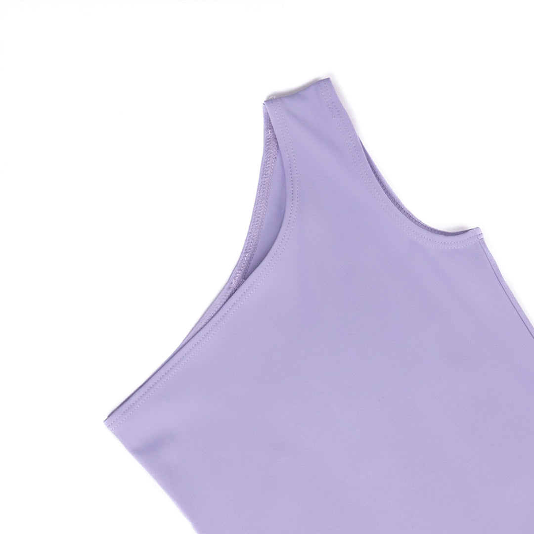 Close-up of toddler lavender one-shoulder bodysuit strap, showing soft and stretchy fabric on a white background.