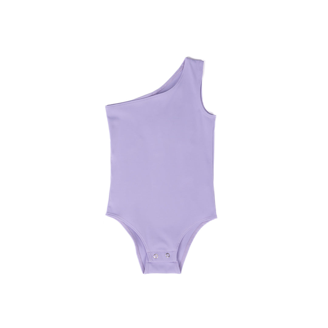 Toddler lavender one shoulder bodysuit flat lay, showing the front design on white background.