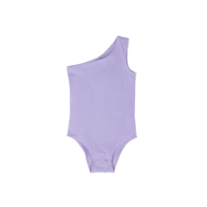 Toddler lavender one shoulder bodysuit flat lay, showing the front design on white background.