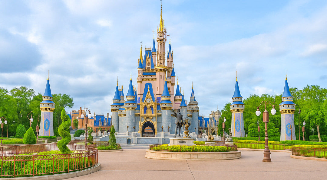 Wide view of Cinderella Castle at Magic Kingdom with clear skies and no crowds — ideal for mommy and me Disney outfit showcase.