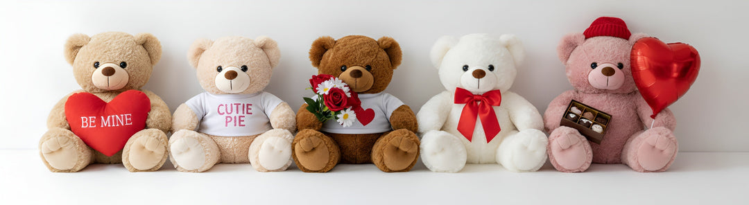 a line of valentines teddy bears sitting against a wall