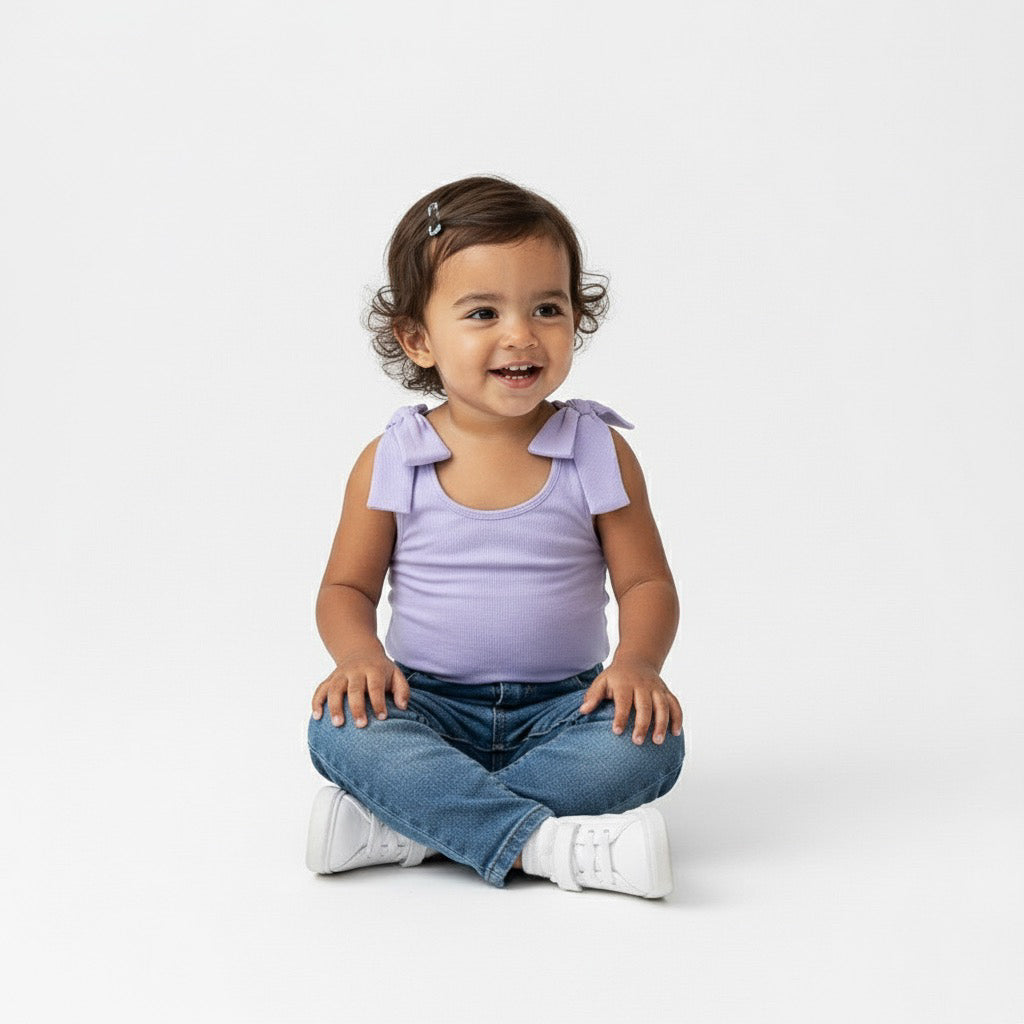 Toddler sitting cross-legged and smiling in a Motch Lavender bow-shoulder bodysuit and jeans — a cozy, playful look from the mommy-and-me matching collection designed for everyday comfort and style.