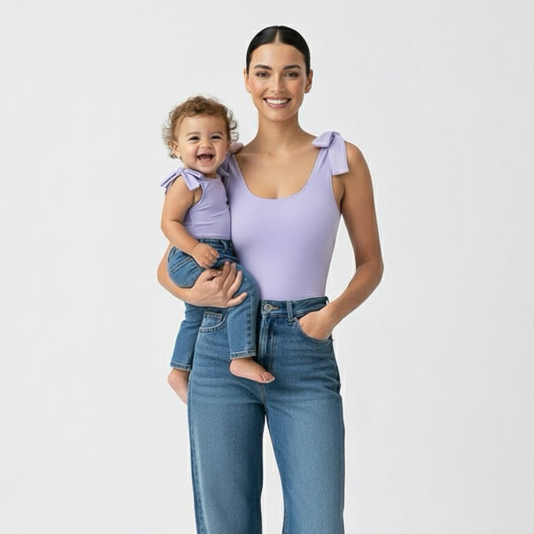 Mom and baby smiling together in matching Motch Lavender bow-shoulder bodysuits with jeans — a soft, stretchy mommy-and-me outfit designed for comfort, connection, and everyday matching moments.