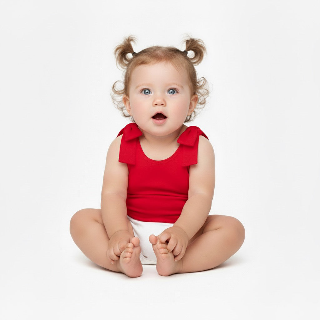 Baby sitting in a red Motch bow-shoulder bodysuit, looking up with a curious expression — a sweet and timeless look that captures the joy of matching moments.