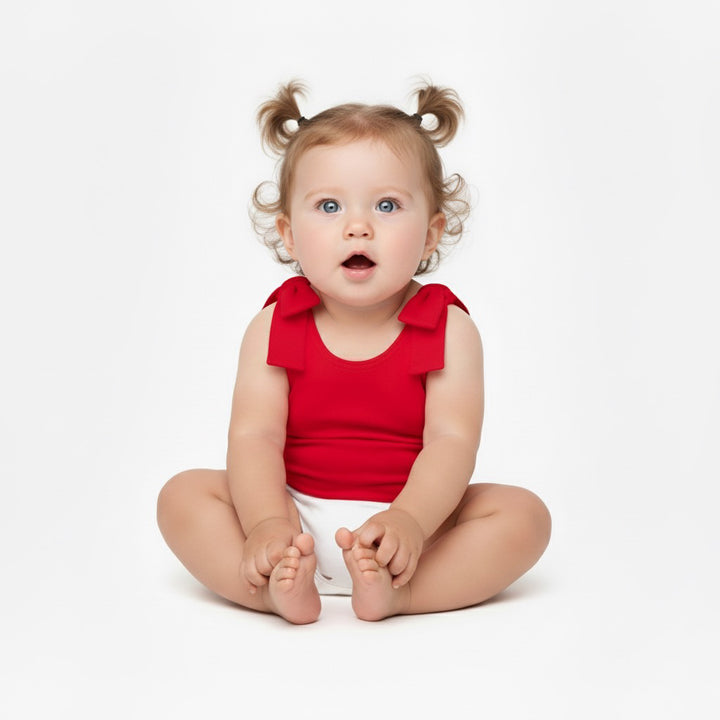 Baby sitting in a red Motch bow-shoulder bodysuit, looking up with a curious expression — a sweet and timeless look that captures the joy of matching moments.