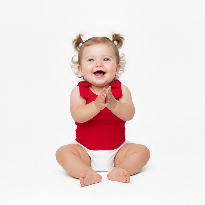 Baby sitting and smiling in a red Motch bow-shoulder bodysuit — a bright, playful take on everyday matching style made for comfort and connection.