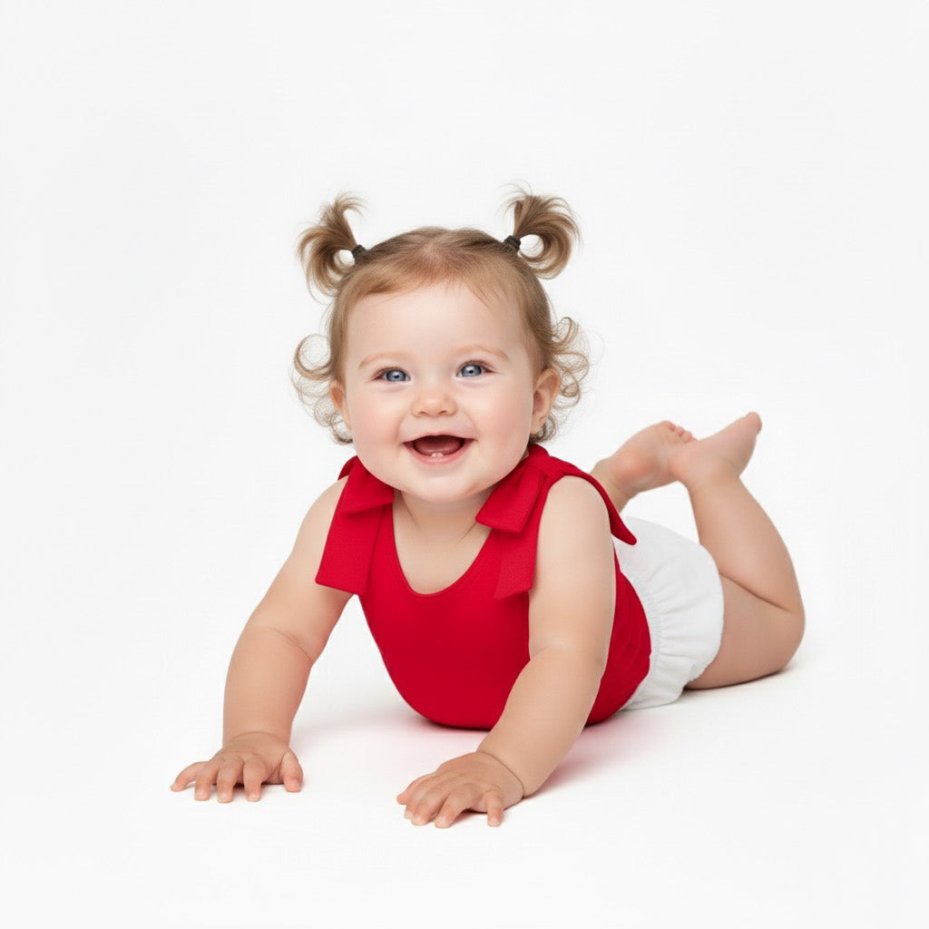 Baby crawling and smiling in a red Motch bow-shoulder bodysuit — a playful, heartwarming look that celebrates everyday matching moments.