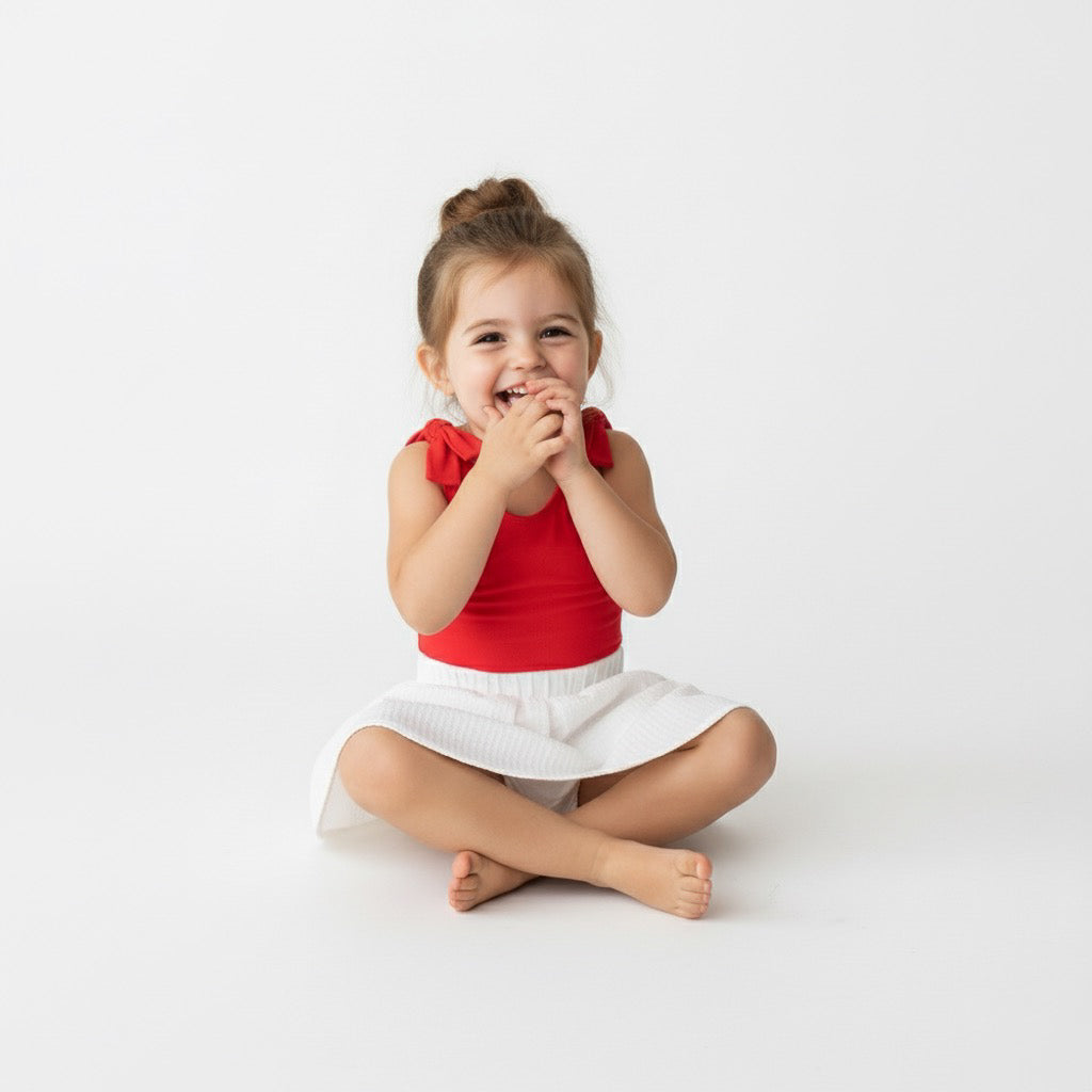 Toddler girl giggling while sitting in a red Motch bow-shoulder bodysuit and white skirt — a playful, classic look for holidays or everyday matching moments.