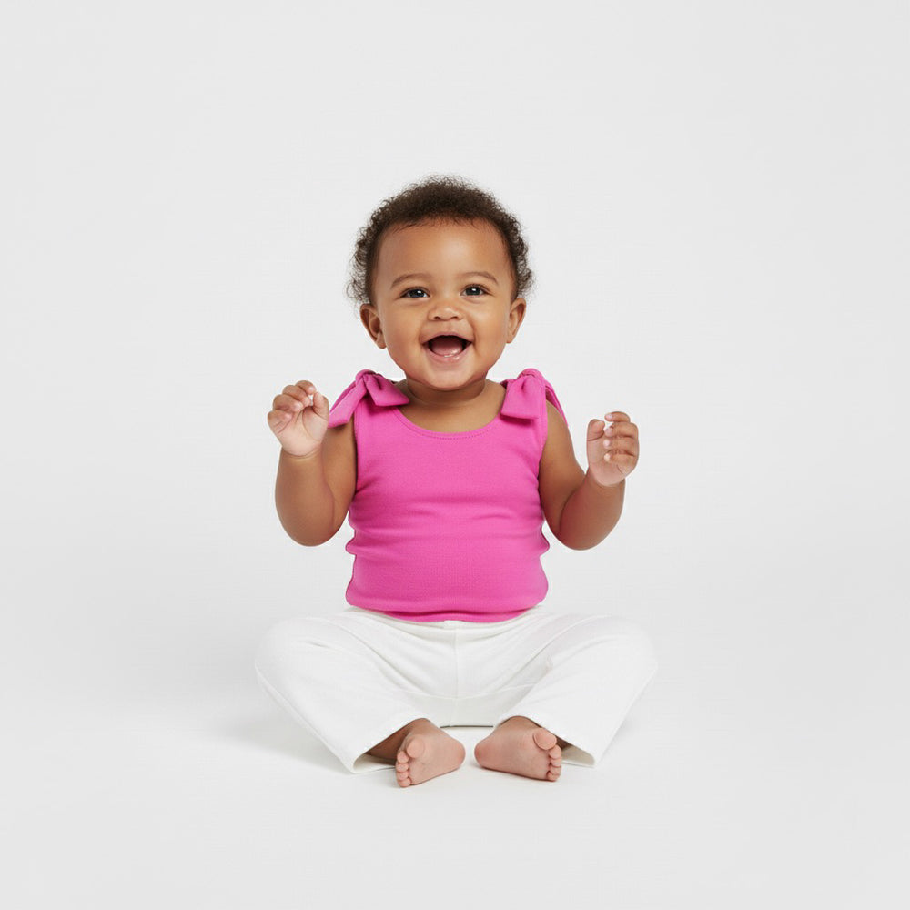 Smiling baby sitting in a hot pink Motch bow-shoulder bodysuit with white pants — bright, cheerful, and made for soft comfort and everyday mommy-and-me matching moments.