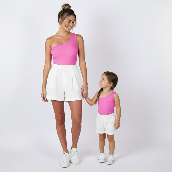 Women's One Shoulder Bodysuit - Hot Pink