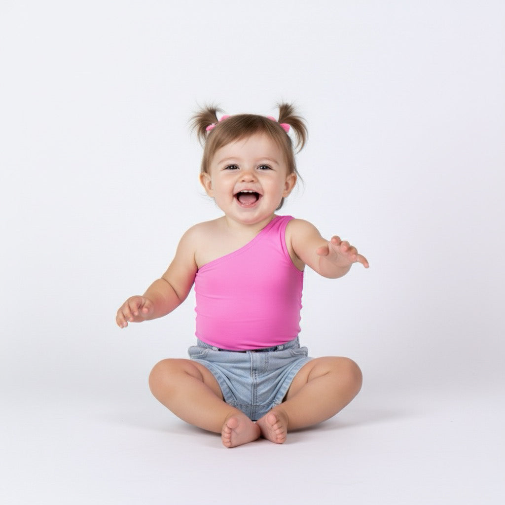 Smiling toddler wearing a bright pink one-shoulder bodysuit from Motch, sitting barefoot on a white backdrop in denim shorts, showcasing the playful and comfortable matching style.