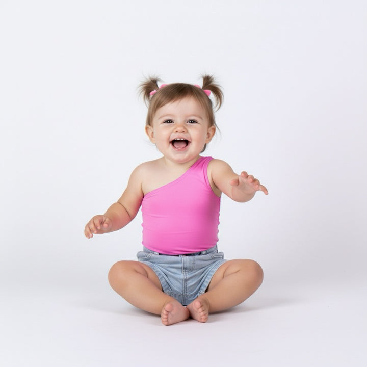 Smiling toddler wearing a bright pink one-shoulder bodysuit from Motch, sitting barefoot on a white backdrop in denim shorts, showcasing the playful and comfortable matching style.
