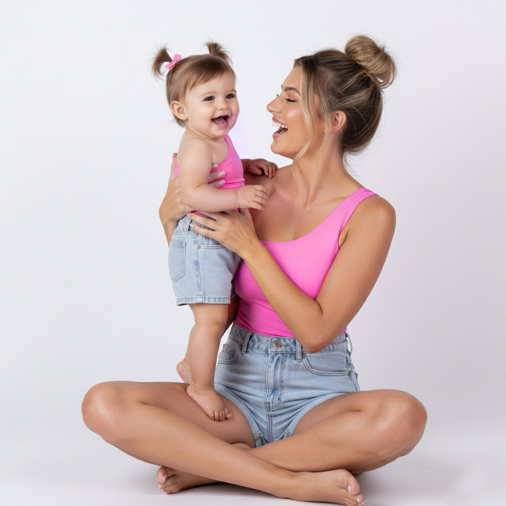 Mom and toddler wearing matching bright pink one-shoulder bodysuits from Motch, sitting together on a white backdrop and smiling, showing the joyful bond behind the matching moment.