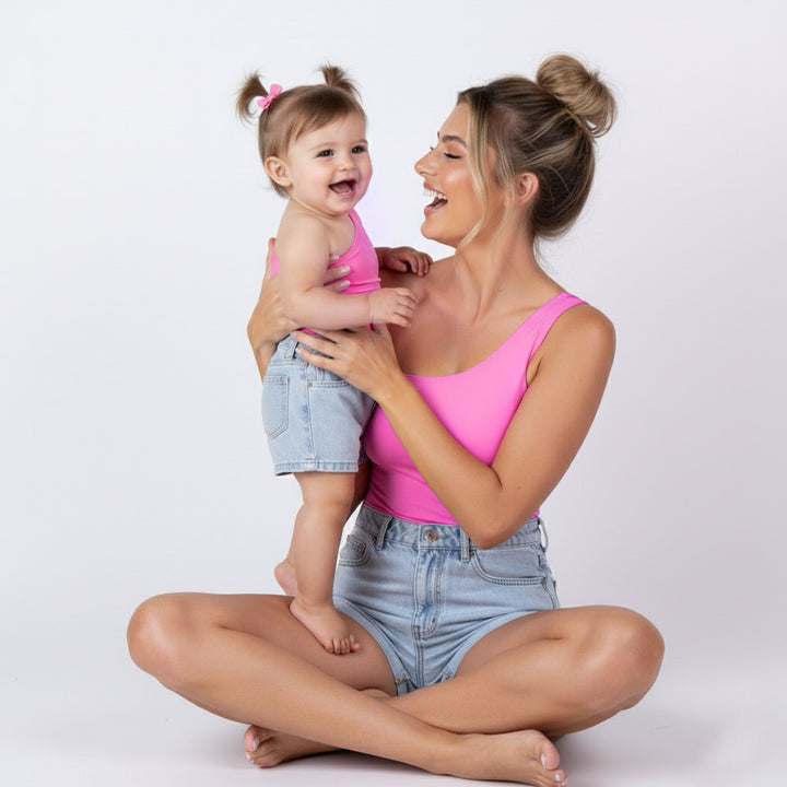 Mom and toddler wearing matching bright pink one-shoulder bodysuits from Motch, sitting together on a white backdrop and smiling, showing the joyful bond behind the matching moment.