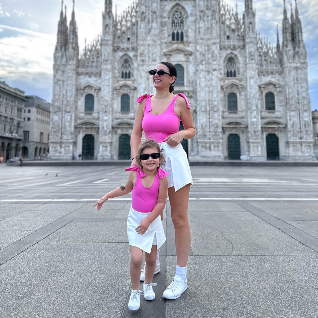 Mom and toddler wearing matching outfits by Motch while traveling in Italy