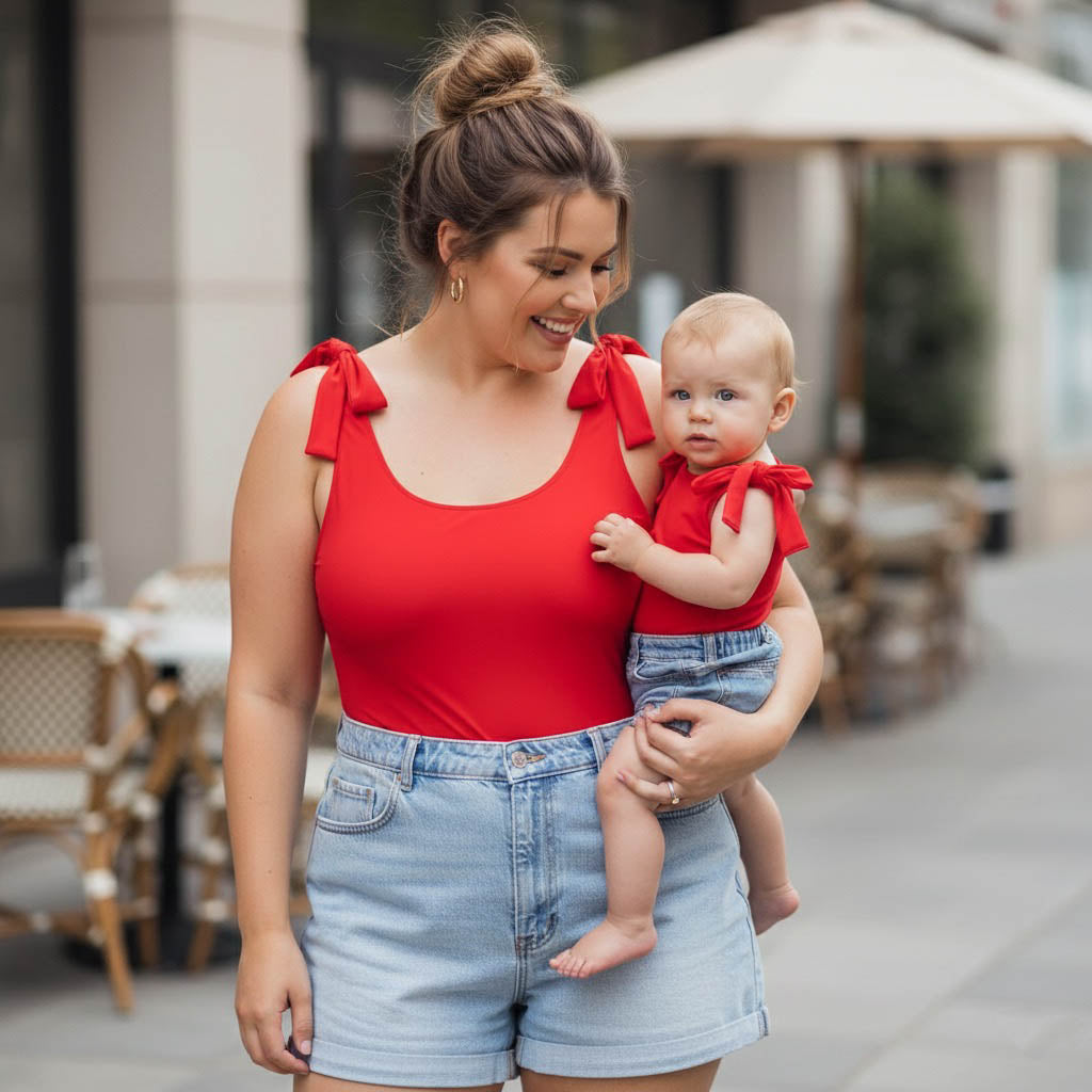 Mom and baby wearing matching red bodysuits by Motch