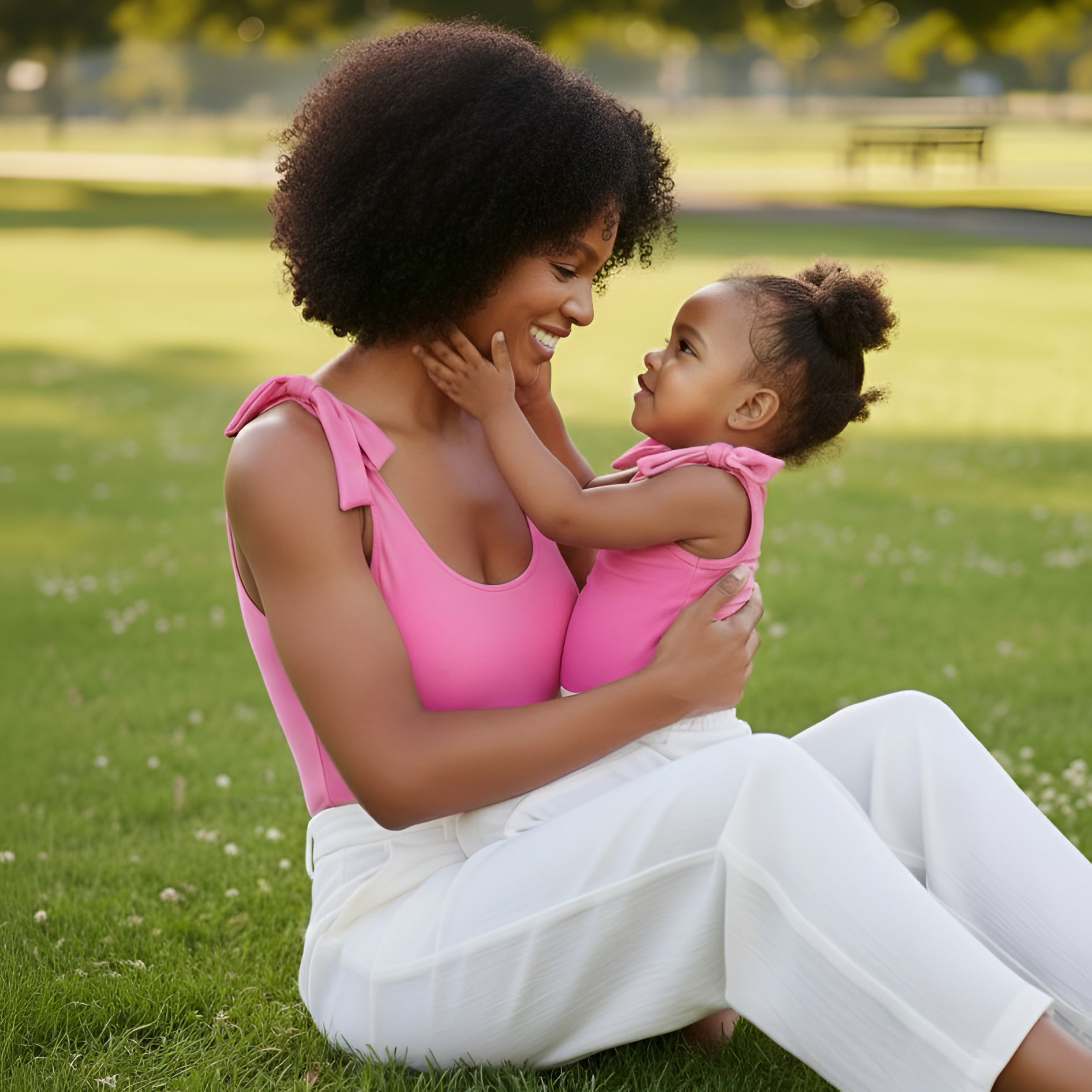 Mom and baby wearing matching pink bodysuits by Motch