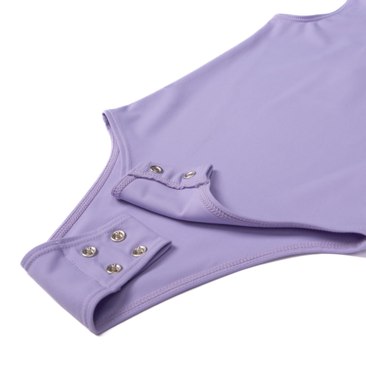 Close-up of baby lavender one shoulder bodysuit snap area, highlighting double snaps for adjustable fit on a white background.