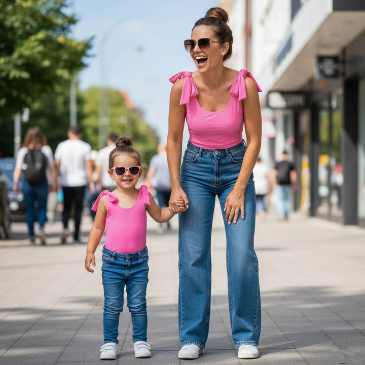 Woman and child in matching pink tops and blue jeans walking together on a city street.