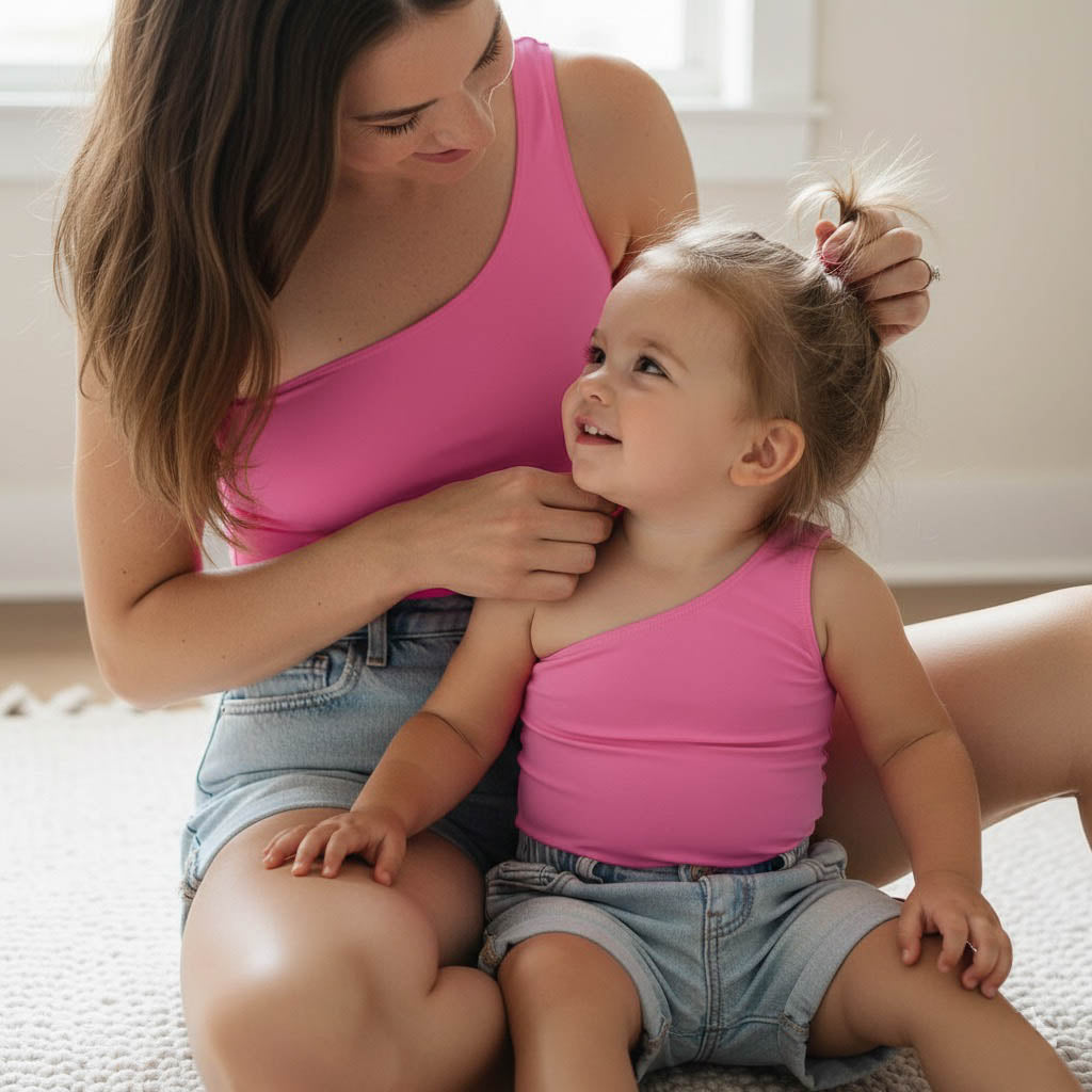 Mom and toddler wearing matching pink bodysuits by Motch